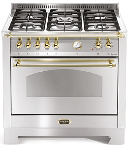 Fogão inox escovado 90 cm, de piso e de embutir, 5 queimadores a gás, forno elétrico com churrasqueira,Vintage, Lofra- 220V