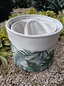 Conjunto de cesto redondo com estampa de folhas - 2  peças (P e M)