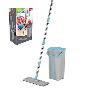 Mop Rapid Clean Flat Lava e Seca Balde Rodo Esfregão Celeste CLT-007