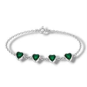 Pulseira de Prata Corações Zircônia Verde Esmeralda