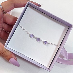 Pulseira de Prata Corações Lilás