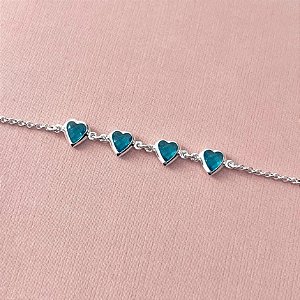 Pulseira de Prata Corações Azul