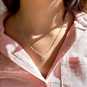 Colar de Prata Coração Floquinho Rosa Bebê