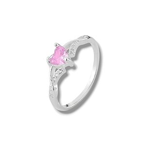 Anel de Prata Coração Rosa Bebê Cravejado
