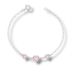Pulseira de Prata Três Corações Rosa Bebê