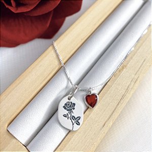 Colar de Prata Rosa e Coração Vermelho