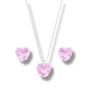 Conjunto de Prata Coração Rosa Bebê Zircônia