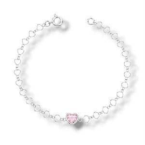 Pulseira de Prata Elo de Corações e Coração Rosa
