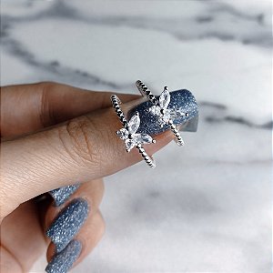 Anel de Prata Borboleta Zircônia com Aro de Bolinhas