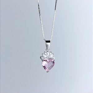 Colar de Prata Coração Coroa Cravejado Rosa Bebê