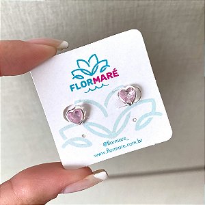 Brinco de Prata Coração Embutido Rosa Bebê 6 mm