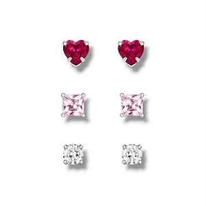 Trio de Prata Corações Pink Rosa Cristal