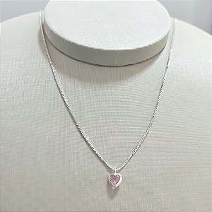 Colar de Prata Coração Rosa Bebê Embutido