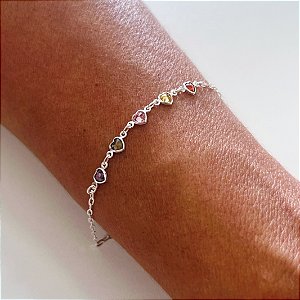 Pulseira de Prata Corações Coloridos