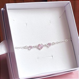 Pulseira de Prata Corações Rosa Bebê Maior e Menor