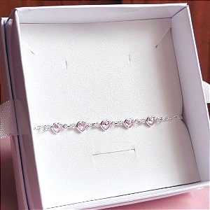 Pulseira de Prata Cinco Corações Rosa Bebê