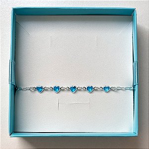 Pulseira de Prata Cinco Corações Azuis