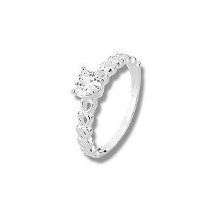 Anel Solitário de Prata Coração Cristal Aro Trabalhado