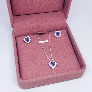 Conjunto de Prata Coração Roxo Cravejado 40 cm