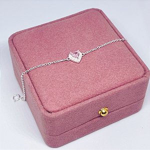 Pulseira de Prata Coração Rosa Bebê Contorno Cravejado
