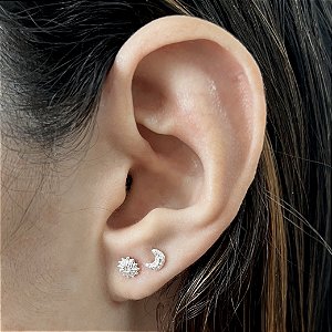 Brinco de Prata Mini Dupla Sol e Lua