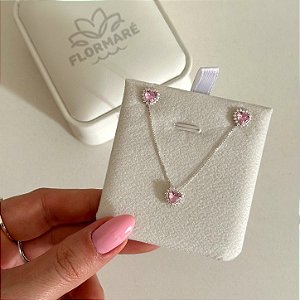 Conjunto de Prata Coração Cravejado Rosa 40 cm