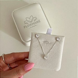 Conjunto de Prata Coração Cravejado Cristal 40 cm