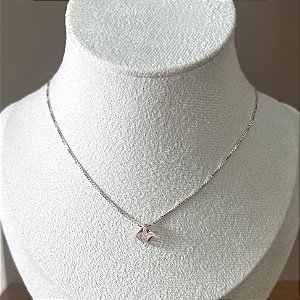 Colar de Prata Pingente Quadrado Rosa Bebê 45 cm