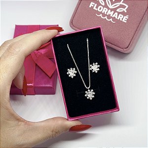 Conjunto de Prata Coração Floquinho Cristal 45 cm v12