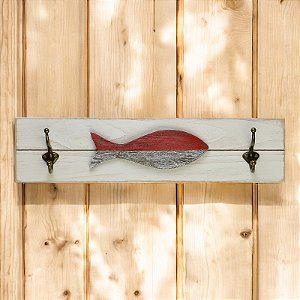 Cabideiro de Parede Grande Peixe Rústico Vermelho e Branco