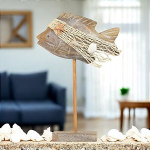 Enfeite Peixe Pedestal Grande em Madeira