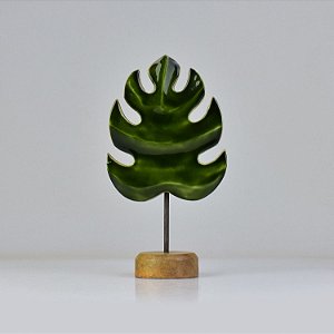 Enfeite Pedestal Folha Verde em Madeira 22x12x6,5 cm
