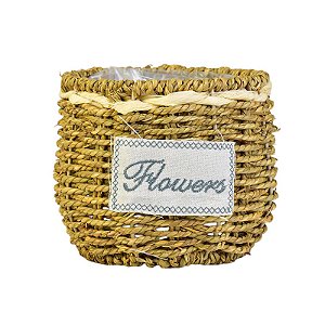 Cesto Flowers Redondo Marrom em Palha