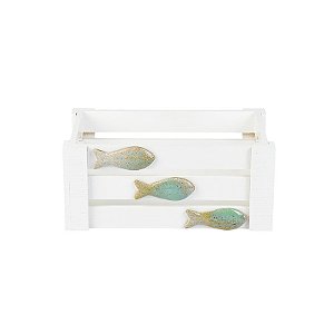 Caixote Branco com Peixes M em Madeira