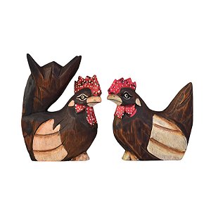 Casal Galo e Galinha Marrom em Madeira