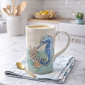 Xícara Cerâmica Branca Com Cavalo Marinho