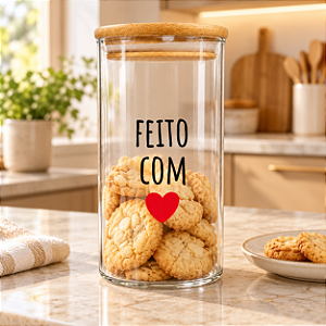 Pote de Vidro “Feito com Amor” com Tampa de Madeira