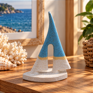 ESCULTURA VELEIRO G CERAMICA AZUL E BRANCO