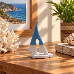 ESCULTURA VELEIRO M CERAMICA AZUL E BRANCO