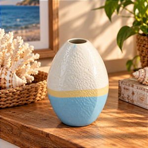 VASO CERAMICA OVAL LISTRAS AZUL E BRANCO