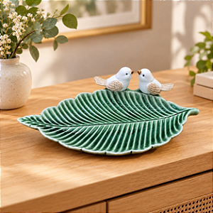 Enfeite Decorativo Folha Verde com Dupla de Pássaros