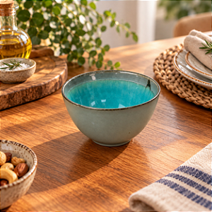Bowl de Cerâmica Cinza Interior Azul Ciano