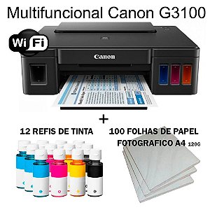 Multifuncional Canon Maxx Tinta G3100 Wi-fi c/ 12 Refis de Tinta + 100 Fls Papel Fotografico A4 +Nf