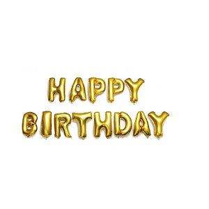 Kit Balão Metalizado Happy Birthday Dourado 40cm | 13 letras