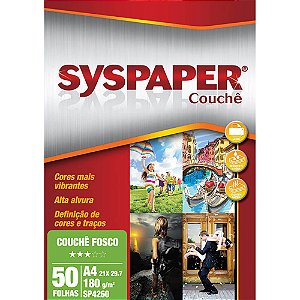 PAPEL COUCHÊ A4 BRANCO 180G FOSCO C/50 FLS - SYSPAPER