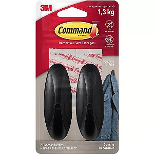 GANCHO ADESIVO DESIGN COMMAND PRETO MÉDIO C/2 UNIDADES - 3M