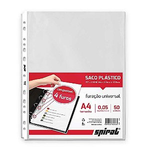 SACO PLÁSTICO PP A4 FURAÇÃO UNIVERSAL 0,05MM C/50 UNIDADES - SPIRAL