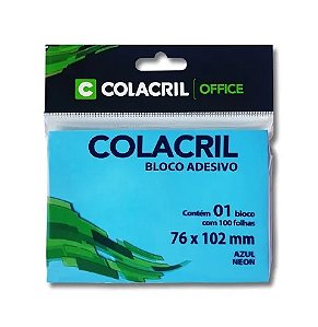 BLOCO ADESIVO 76MMX102MM AZUL NEON 100 FLS - COLACRIL
