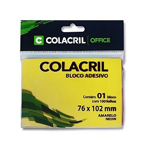 BLOCO ADESIVO 76MMX102MM AMARELO NEON 100 FLS - COLACRIL