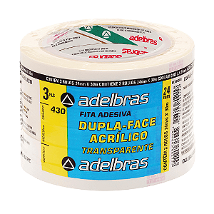 FITA DUPLA FACE TRANSPARENTE ADESIVO ACRÍLICO 24MMX30M C/3 UNIDADES - ADELBRAS